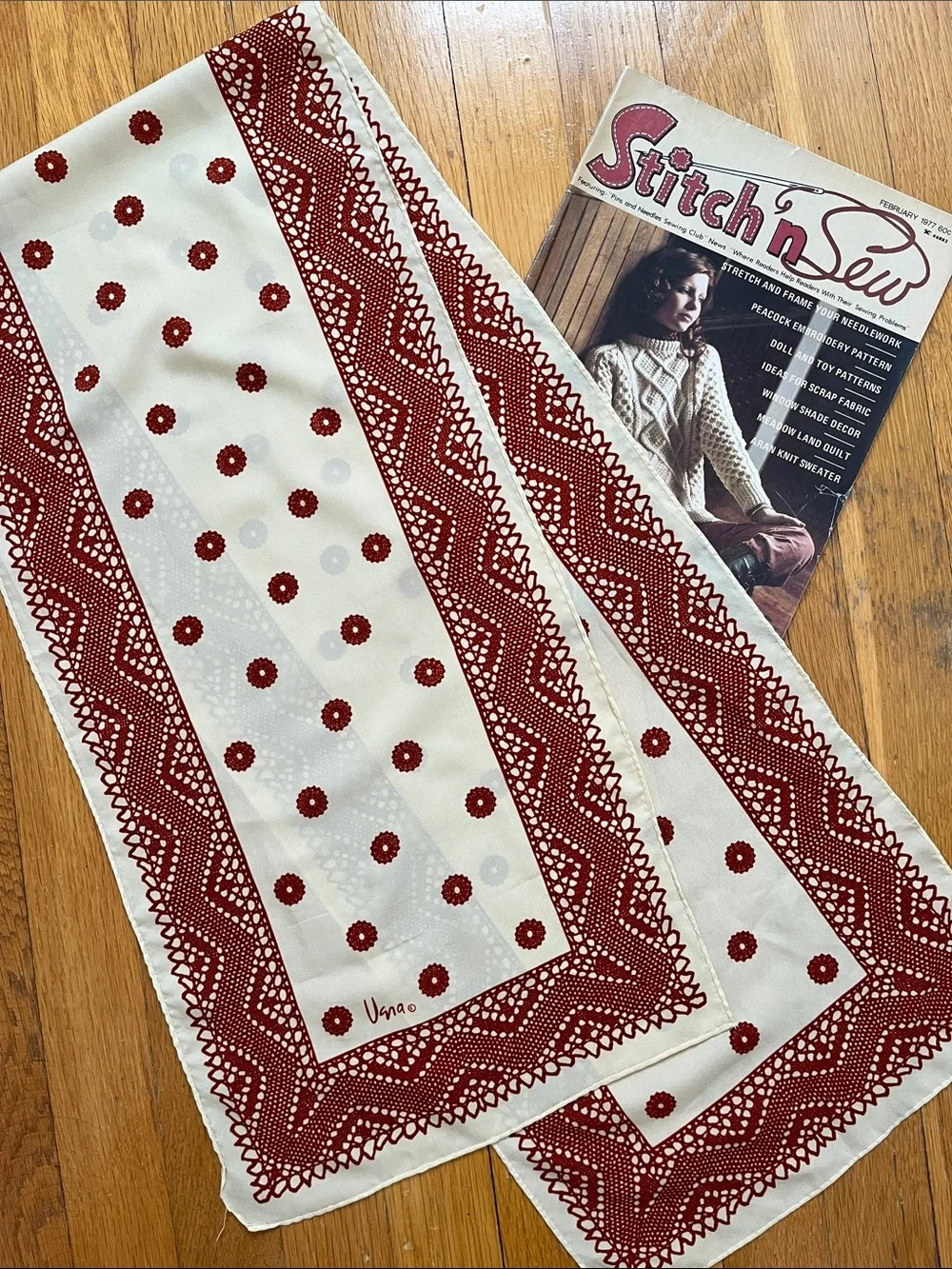 70s Vintage Vera Long Scarf Rust Red Brown & Cream Hand Rolled Headscarf